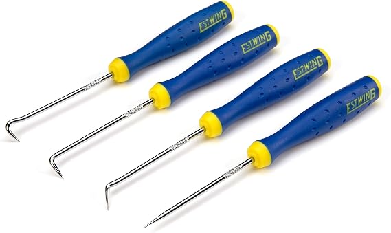 Estwing 4pc Mini Pick & Hook Set for Hose, Clip, and Seal Removal, Includes Scratch Awl, Straight Pick, 90-Degree Pick, and a 40-Degree Pick/Hook, Chrome Vanadium Steel, Comfortable Grip