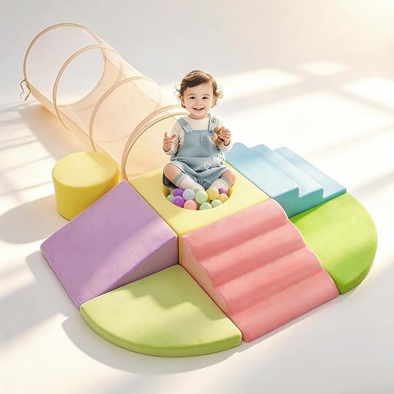 Foam Climbing Blocks + Crawl Through Tunnel - 7+1Pcs Large Play Gym