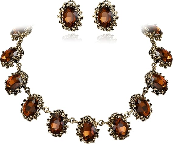 Victorian Style Statement Necklace Pierced Earrings Jewellery Set for Women Crystal Floral Cameo Inspired Oval Party Prom Jewelry