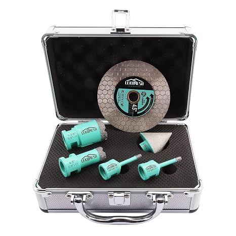 Diamond Core Drill Bits Set 6pcs Tile Hole Saw Kit for Porcelain Tile Ceramic Marble Brick Concrete with 5/8-11 Thread(6/6/20/35+50mm Chamfer Bit+4.5" Saw Blade)