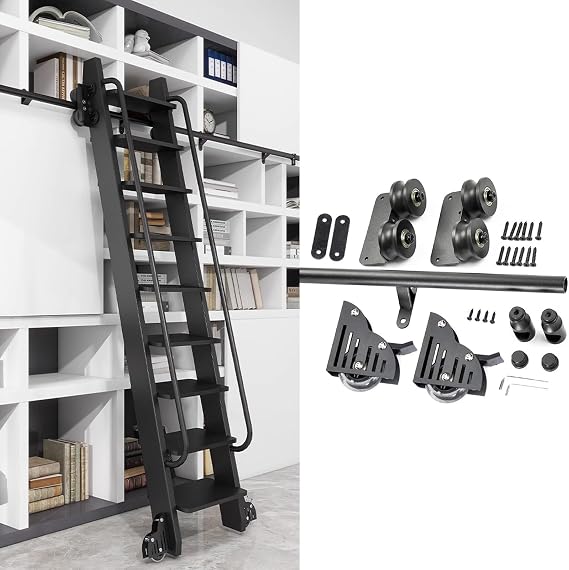 3.3-24FT Rolling Library Ladder Hardware Kit, Library Ladders Rail with Wheels, Multi-Use for Loft Stairs/Bookshelf, Black Sliding Track Rail Mobile Slide Rails ( No Ladder )(13ft/400cm Track kit)