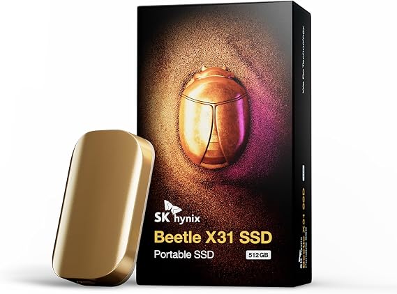SK Hynix SSD External 1 TB Max 1,050 MB/s Built-in DRAM, USB 3.2, Gen2, Beetle X31, 6.6 ft 2 m Drop Shock Resistant, Mac/Windows PC/Android Smartphones/Tablets/Game Consoles/PS4/PS5