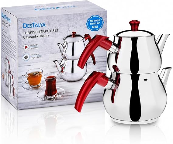 DESTALYA Teapot Set | Stainless Steel Teapot Set | Self Strainer Teapot Set | Kettle (Spotter, Small Red Handle)