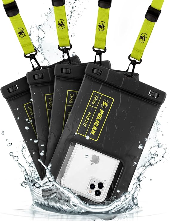 Pelican 4 Pack Marine Waterproof Phone Pouch (XL) - Black/Hi-Vis Yellow | Touchscreen IP68 Floating Waterproof Phone Case w/Detachable Lanyard - Fits All Phones - Beach Cruise Ship Travel Essentials