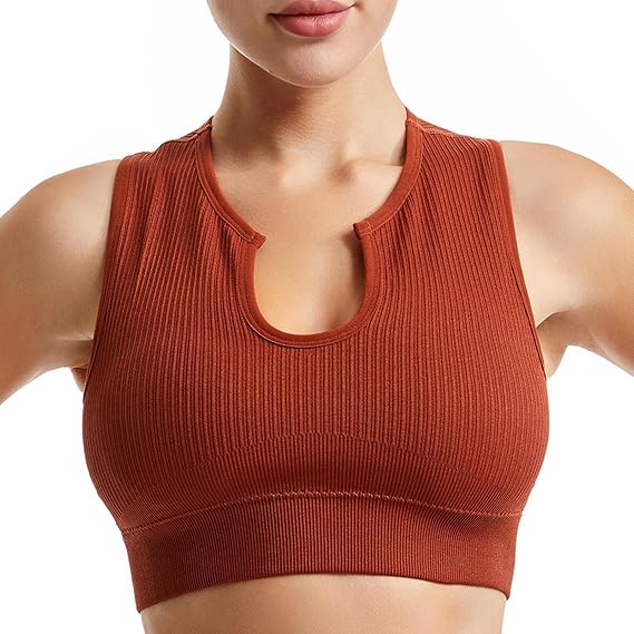 Womens Push Up Sports Bra Ribbed Seamless Workout Yoga Bra Solid Medium Support Crop Top Gym Bralette Running Bras