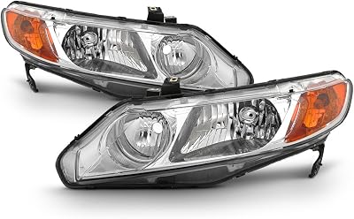 ACANII - For 2006-2011 Honda Civic 4-Door Sedan Chrome Housing Headlights Headlamps Replacement Driver  Passenger Side