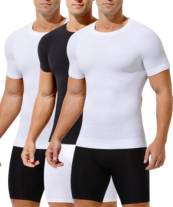 Casey Kevin Men's Shapewear Short Sleeve Moderate Compression Shirt 3 Pack
