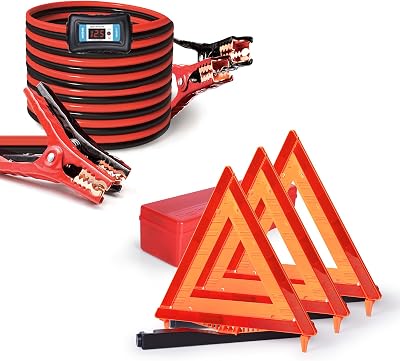 2 Gauge 20 Feet Jumper Cables, 3 Pack Warning Triangle DOT Approved