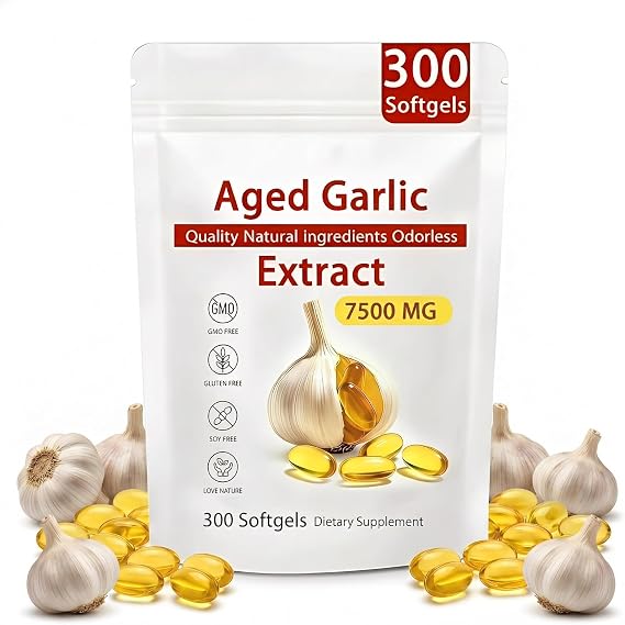 Odorless Aged Garlic Extract - 7500mg 300 Softgels Garlic 15:1 Extract Formula, 2 Years Matured Organic Aged Garlic, Natural Black Garlic Extract for Men and Women