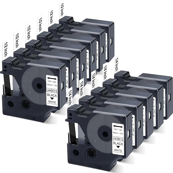 6 Pack 45013 + 5 Pack 43613 Replace for Dymo D1 Label Tape 1/2 Inch & 1/4 Inch