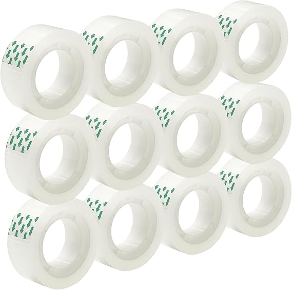 12 Rolls Transparent Tape Refills Rolls 3/4-Inch x 720 inch, 1 inch Core, Clear Gift Wrapping Tape Refill Roll for Office, Home, School