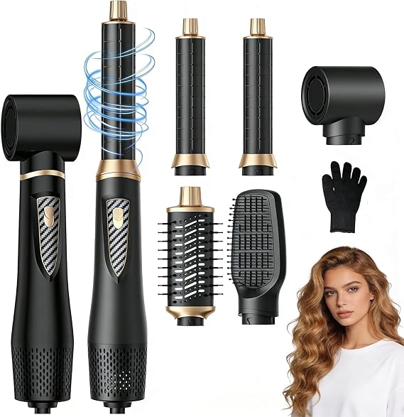 Atopskins 5 in 1 Hair Dryer Brush - Ionic Hot Air Styler for Fast Drying Auto Curling, 3 Heat Settings Blow Dryer, Frizz-Free Shine All Hair Types Hair Styling Tool Gift for Women (Black)