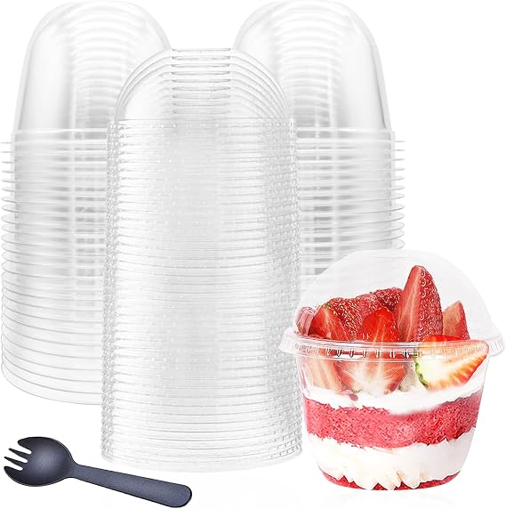 Alaeseje 50 Pack 10oz Plastic Cups with Dome Lids(No Hole) and Sporks,Disposable PET Parfait Cups,Crystal Dessert Cups for Pudding,Snacks,Ice Cream,Yogurt