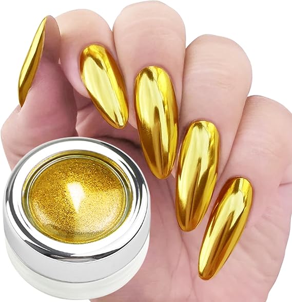 Gold Chrome Nail Powder for Gel Nail Polish Design Holographic Metallic Mirror Effect Gold Nail Chrome Powder for Nails Art Glitter Pigment Dust 0.7g with Tool
