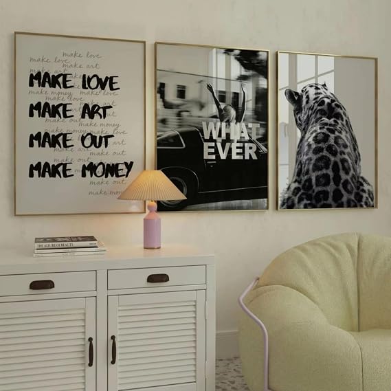 Xiyocadt 3er Poster Set Black & White Leopard Print Unframed Canvas Wall Art Retro Fashion Posters for Living Room & Entryway (50x70 cmA)