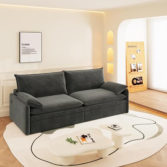 DRIXNO 4-Seat Convertible Sleeper Sofa Bed with USB Port & Storage, Deep Seat Modern Cloud Couch, Chenille Pull-Out Full Size Bed with 2-in-1 Pillow for Living Room, Apartment, Dark Grey