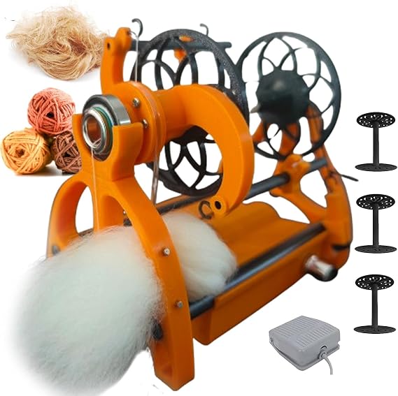 Electric Spinning Wheel, Smart Yarn Spinner Machine, 120g Capacity Pet Hair Spinner with Foot Switch, 3 Spools, 12V Drum Carder, Adjustable Speed, Forward/Reverse Switch