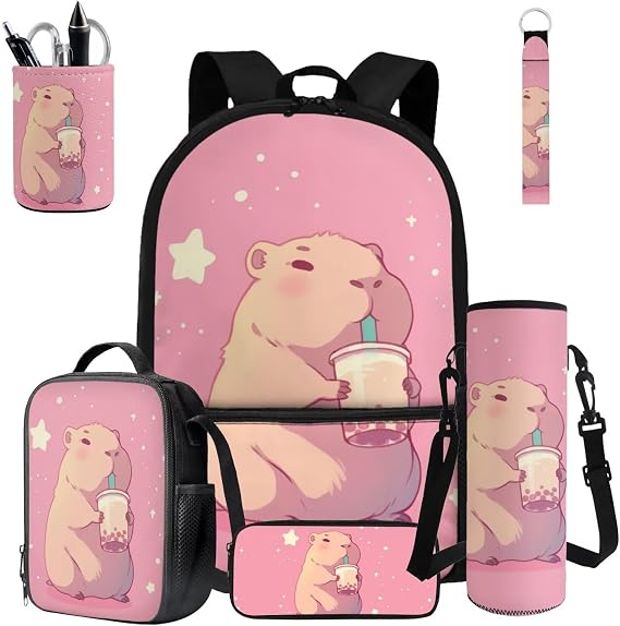 Milk Capybara Pink Backpack for School Girls Kawaii Girls School Bag with Lunch Box 6 in 1 Set Lightweight Kids Bookbag for Elementary Middle School Teens Book Bag Travel Satchel