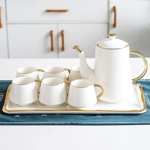 Tea Set for Adults Modern Tea Cup Teapot Set with Tray Emerald Ceramic Teapot Coffee Cups Set for Drinking Tea Latte Water,Black (White)