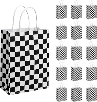 JasperKino 16 Pcs Checkered Racing Treat Bags Race Car Party Favors Bag with Handles Black and White Checkered Racing Flag Candy Bags Goodie Bags for Race Car Themed Birthday Party Supplies
