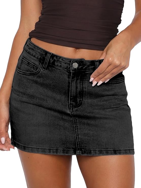 ELLEVEN Denim Mini Low Rise Skirt for Women Stretch Jean Skirt with Pockets | Womens High Stretch Denim Mini Skirt,Summer Bodycon Micro Sexy Short Skirts,Casual Cute Trendy Y2K Fashion Style