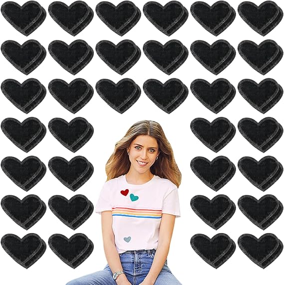 50 Pcs Black Small Heart Iron on Patches, Sew Embroidered Patches Appliques Iron on Heart Patches for Clothing Jackets Backpack Shoes Repairing Decorations