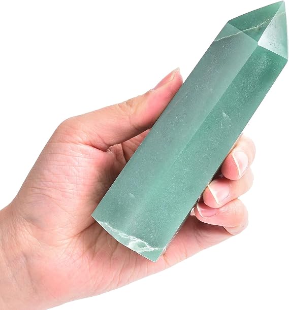 AMOYSTONE Natural Green Aventurine Crystal Tower Hexagonal Wand Stone Decor