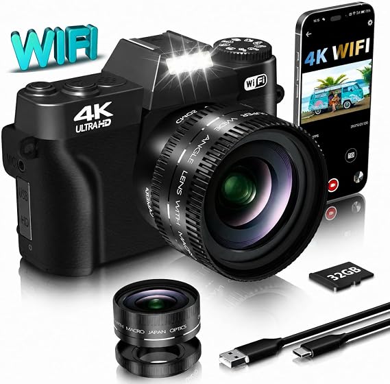 VJIANGER 4K Vlogging Camera for YouTube 56MP Digital Camera for Photography and Video with 180Flip Screen, 16X Digital Zoom, 52mm Wide Angle & Macro Lens, 32GB Micro SD Card(Black)