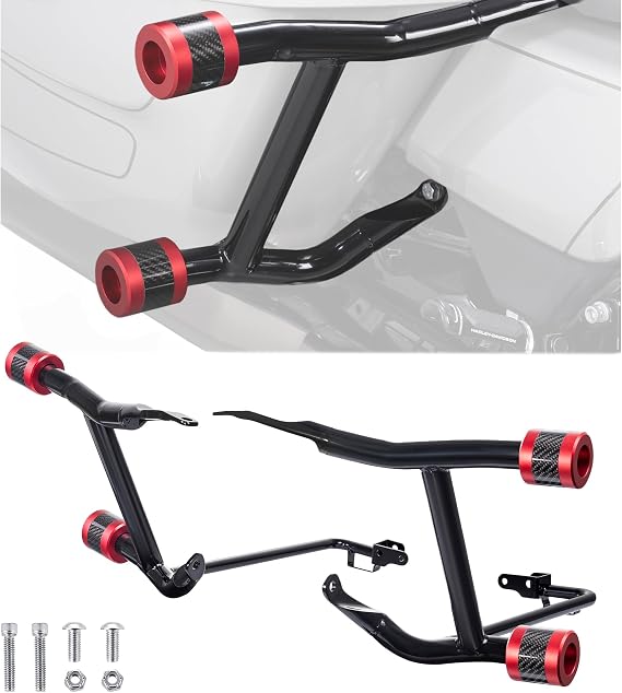 Advanblack Saddle Bag Guards ProTek Rear Performance Crash Bar Saddlebags Guards For Harley Touring Street Glide Road Glide Road King Electra/Ultra (2014-2025) (Sliders in Red CNC w/Carbon Inlay)