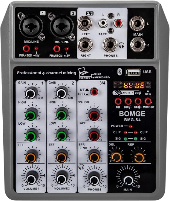 BOMGE Professional Audio Mixer, Sound Board Mixing Console with 4 Channel Digital USB Bluetooth Echo Delay Effect, Input 48V Phantom Power Stereo DJ Mixers for Recording, Live Streaming, Podcasting