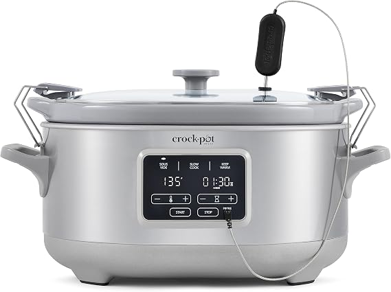 Crock-Pot 7-Quart Cook & Carry Slow Cooker with Sous Vide Function, Family-Sized Slow Cooker Warms up to 30 Hours, Modern Digital Display, Travel-Proof Locking Lid & Removable Temperature Probe