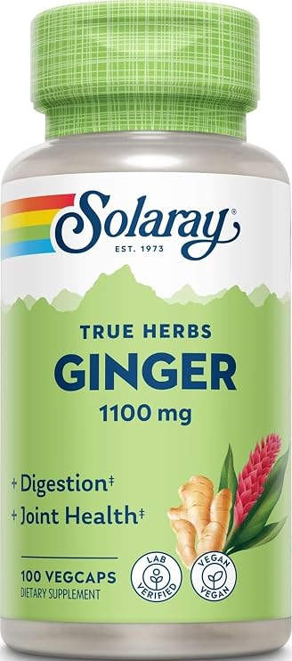 SOLARAY Ginger Root Supplement Capsules - 1100 mg per Serving, Healthy Digestion for Men & Women, Joint Comfort Support, Whole Root, Non-GMO & Vegan - 100 Ct Veg Caps