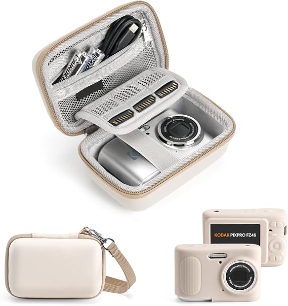 KODAK PIXPRO FZ45 Case Kit – Shockproof Hard Travel Case + Soft Silicone Cover, Organized Accessory Storage, Anti-Scratch Slim Fit, Lightweight Durable, Beige