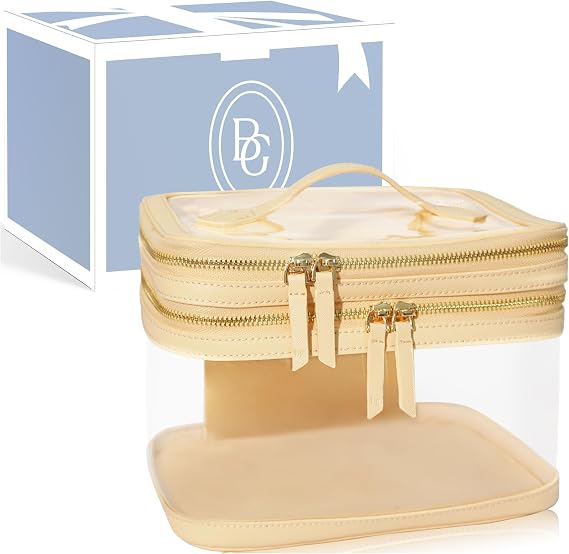Clear Travel Makeup Bag for Women Organizer with Handle Beige, Extra Large Transparent Makeup Bag Toiletry Organizer with Zipper, Clear Cosmetic Travel Bags for Women Skincare Organizer for Traveling