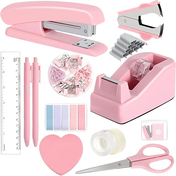 Office Supplies Set, 14 Pink Desk Accessories, Includes Stapler,Tape Dispenser Set,Staple Remover, Staples, Clips, Scissor and Tabs,ruler,Sticky Notes Accessories for Students, Coworkers, office(Pink)