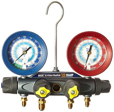 Yellow Jacket 46040 Brute II 4-Valve Manifold with Red/Blue Gauges, psi, R-22/134A/404A