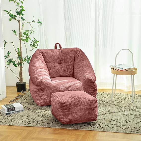 Bean Bag Chair with Filler, Bean Bag Sofa with Tufted Soft Stuffed Filling, Fluffy and Lazy Sofa, Comfy Cozy BeanBag Chairs with Memory Foam for Dorm, Apartment, Living Room (Red + Teddy + Foam)