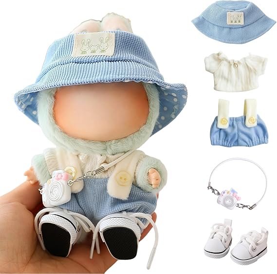 Clothes for Lu bubu 17cm Dolls Accessories(No Doll), Cute Outfit Set 5 Pieces Bib Pants for 17cm Doll Suit, Stylish Dress Up Overalls Doll Clothing Set Replacement with Hat Clothes Shoes Blue