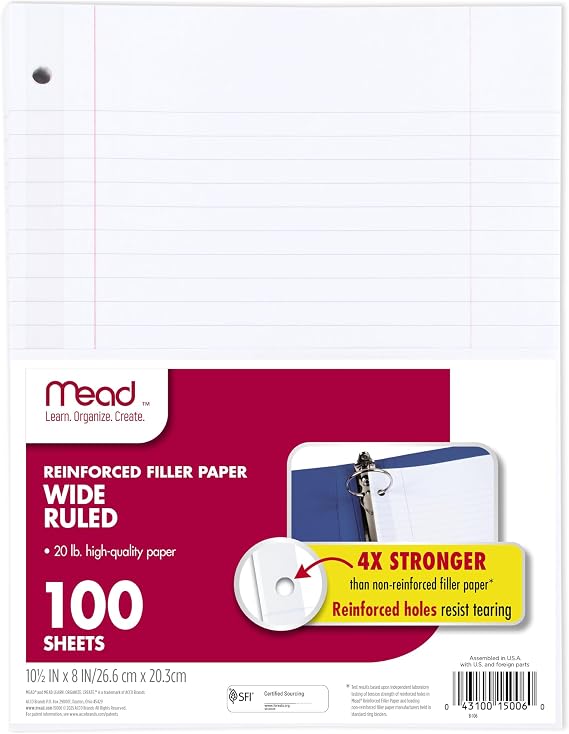 Mead Loose Leaf Paper, Wide Ruled Filler Notebook Paper, Reinforced, 8" x 10-1/2", 100 Sheets, Fits 3-Ring Binder (15006)