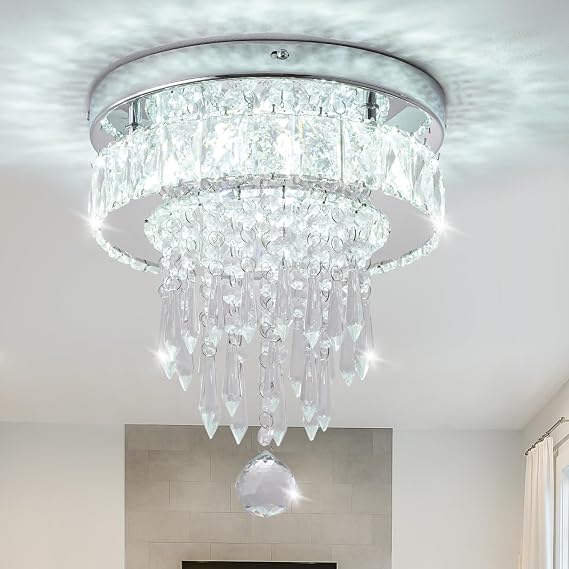 LEONTYNE 9.8" Small Flush Mount LED Crystal Chandelier with K9 Crystals & Steel Frame, Ceiling Light Chandelier for Bedroom Dining Living Hallway (6000K Cool White)