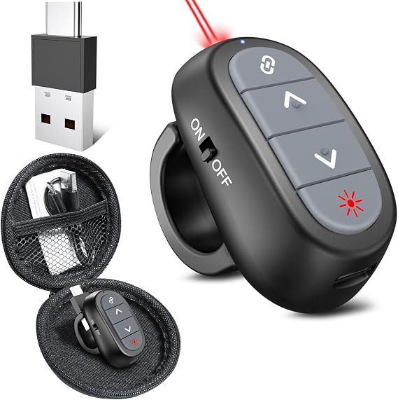 Finger Ring Presentation Clicker PowerPoint Wireless Presenter with Case | 2in1 USB/Type C Receiver Rechargeable & Red Laser Pointer, for Mac/Windows/Linux, Computer/Laptop, Google Slide/PPT/Keynote