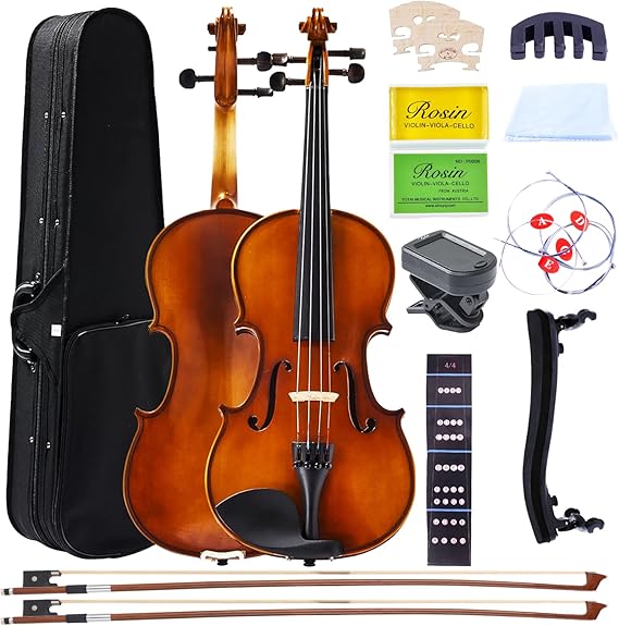 3/4 Acoustic Violin for Beginners, Full Size Solidwood Fiddle Set for Kids and Adults with Hard Case, 2 Bows, Extra Strings, Shoulder Rest, Rosin, Clip-on Tuner, Fingerboard Stickers, and Mute.
