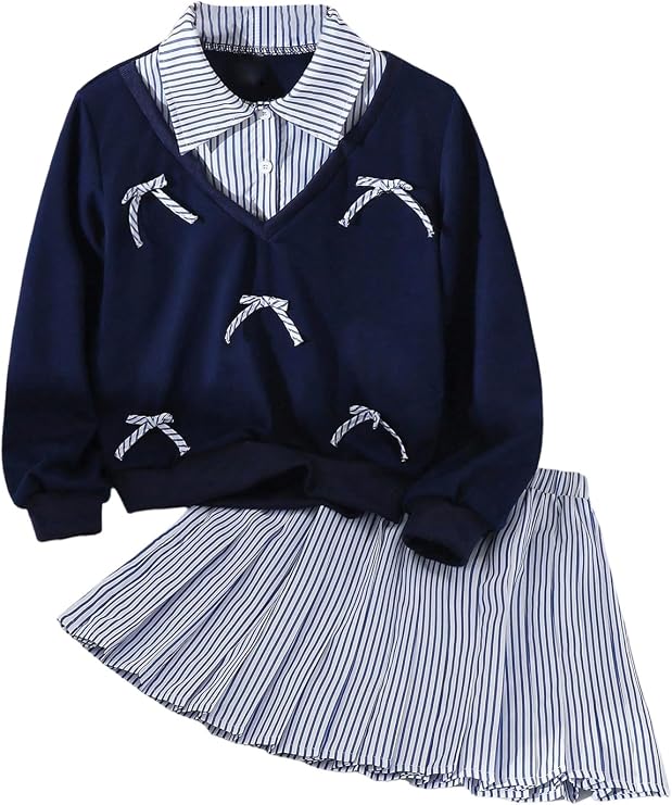 WDIRARA Girl's 2 Piece Outfit Bow Striped Long Sleeve Sweatshirts Pleated Skirt Set Preppy Outfits
