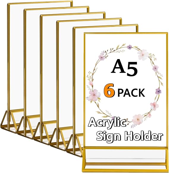 Acrylic Sign Holder A5 Gold Frame, 6 Pack Clear Acrylic Table Top Display Stand, Double Sided Picture Frames for Menu Display, Restaurant Signs Display, Wedding Menu Paper Desk Display