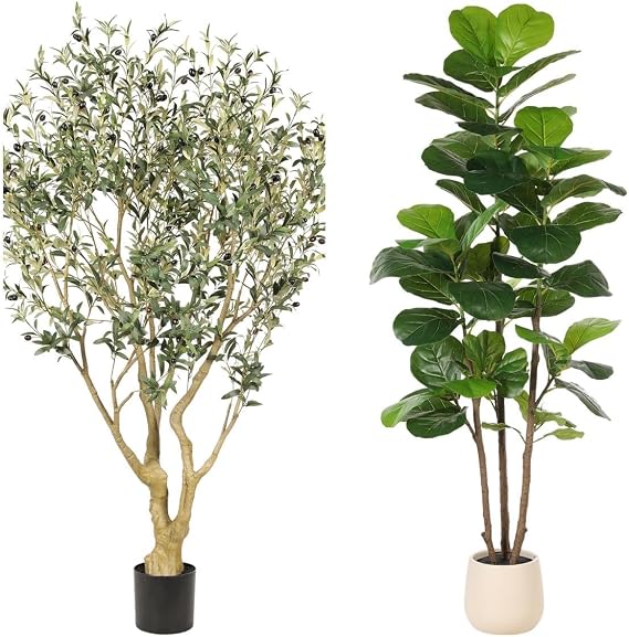 Realead 6ft Olive Trees Artificial Indoor + 6ft Fiddle Leaf Fig Tree Artificial with Tall Exquisite Planter