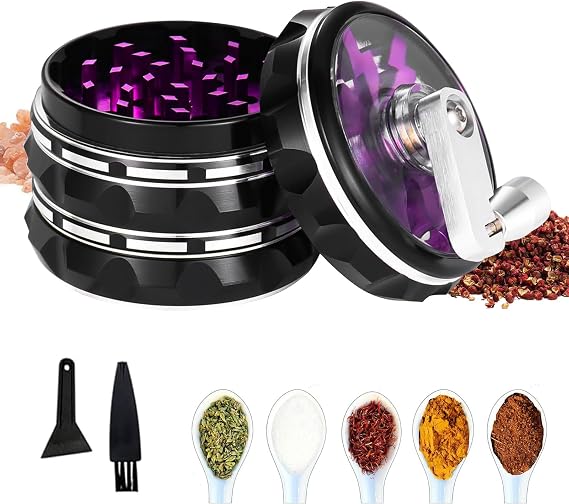Hand Cranked Clear Top Grinder, 2.5'' Large 4-Part Aluminum Alloy Spice Grinder with Foldable Handle, Scraper and Cleaning Brush, SSFF-FBA-4504965