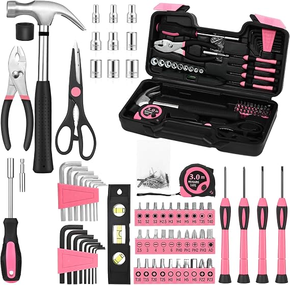 HANGYING 143 Piece Pink Home Repair Tool Kit for Women with Storage Case | All Purpose Home Tool Set with Storage Case, Household Hand Tool Kit for Women Home Office College General Repair Use