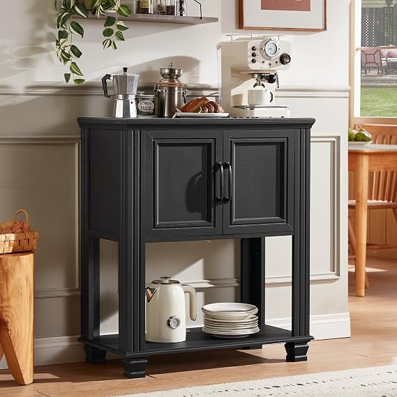 SAVOR LIFE Farmhouse Coffee Bar Cabinet with Open Shelf, Black