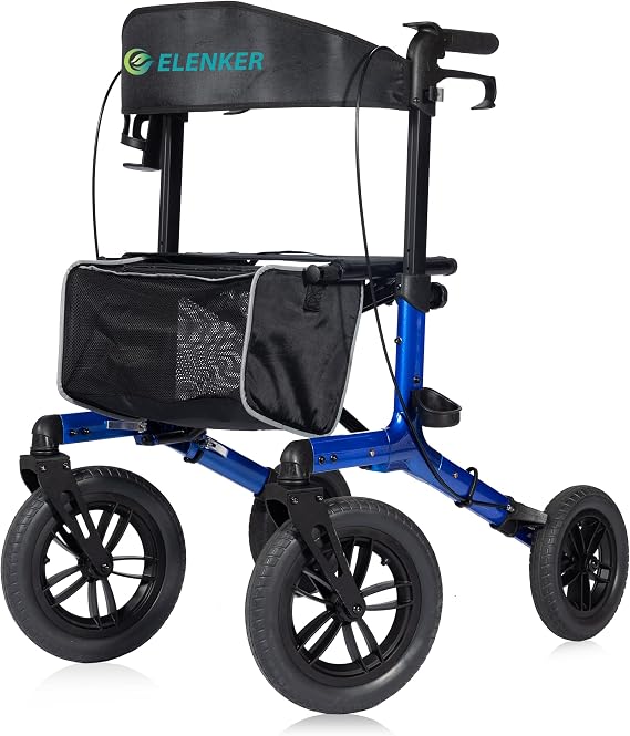 ELENKER All-Terrain Rollator Walker with Non-Pneumatic Tire 12 Front Wheels, Compact Folding Design for Seniors, Blue