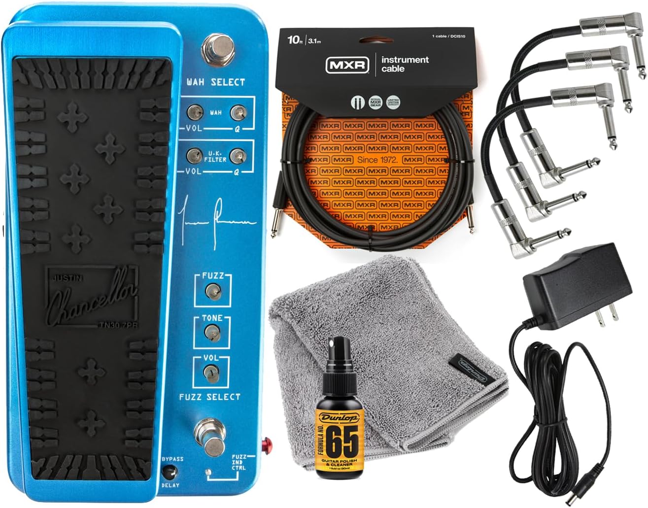 JIM DUNLOP JCT95 Justin Chancellor Cry Baby Wah, Filter, Fuzz Electric Guitar Effects Pedal with Tonebird MXR Cable, Patch Cable, Polish Bundle